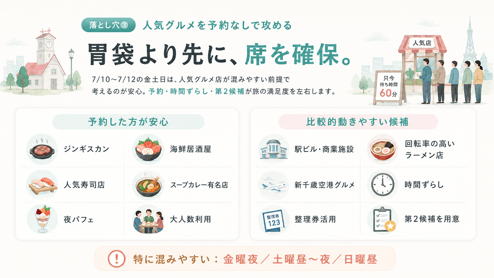人気グルメの予約・混雑対策の図解